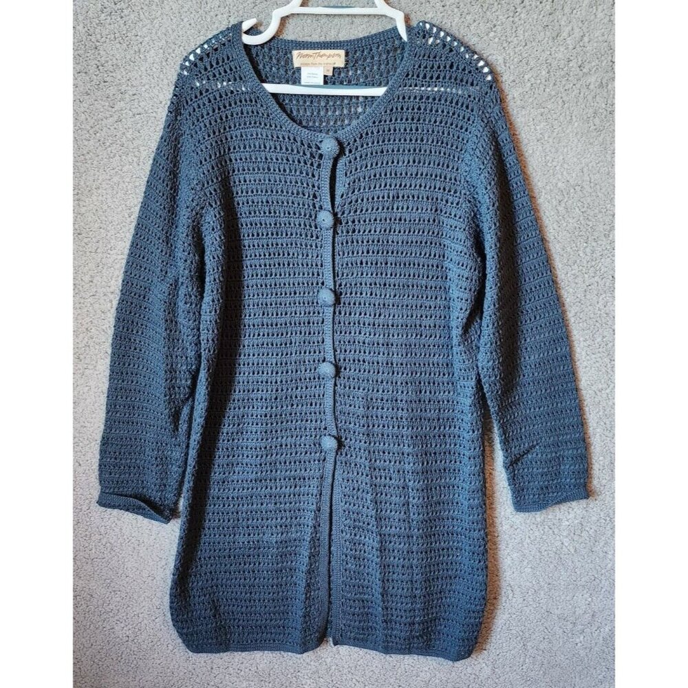 Norm Thompson Women's Long Sleeve Open Knit Button Up Duster Cardigan Blue Sz M